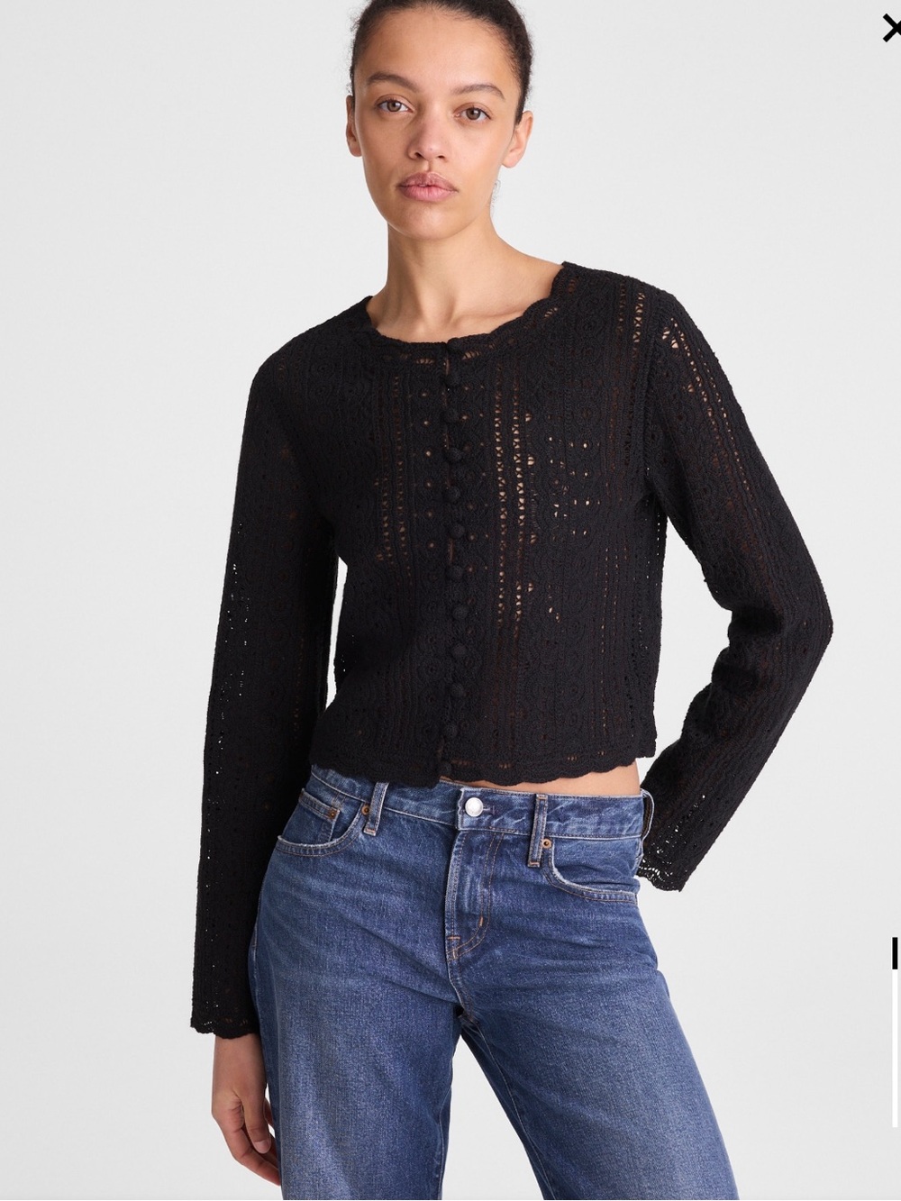 Madewell Black Open-Knit Lace Button-Front Cardigan